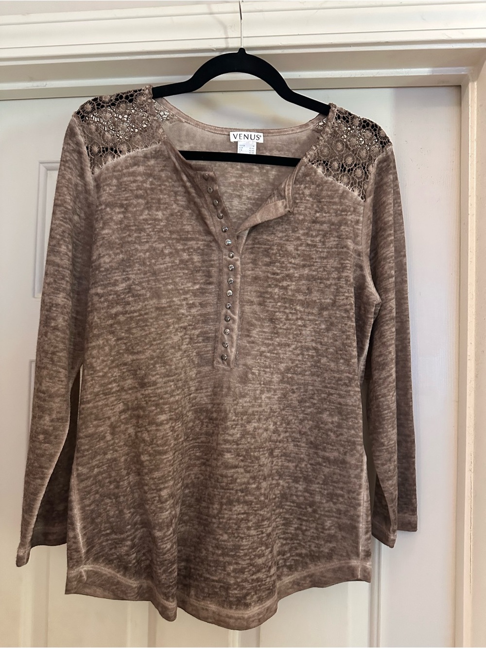 VENUS Taupe Lace-Shoulder Henley Long Sleeve Top